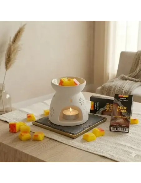 comprar tableta de cera derretible amarilla con vela encendida en quemador de Abonica