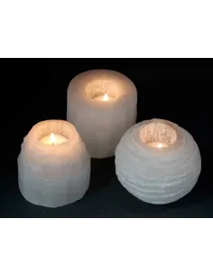 comprar conjunto de 3 portavelas de selenita, bola de nieve, montaña y cilíndrico, encendidos, en Abonica