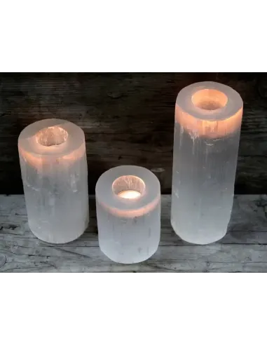 comprar conjunto de 3 portavelas de selenita cilíndricos encendidos con vela dentro, grande mediano y pequeños en Abonica