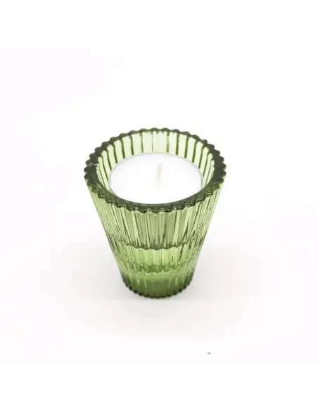 comprar portavelas de cristal con forma de cono verde con vela de té en Abonica