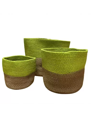 Detalle 3 cestas varios tamaños en algodón y yute verde y marrón