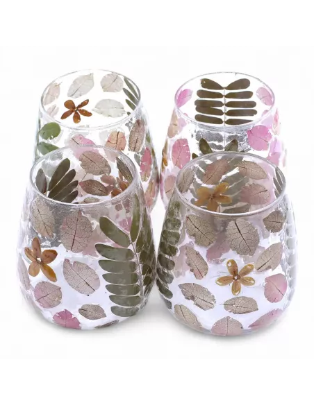 Conjunto cuatro portavelas cristal con rosas