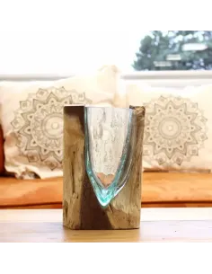 Comprar jarrón de vidrio fundido sobre madera natural en tienda online abonica 2