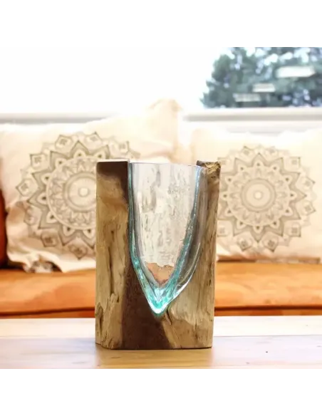 Comprar jarrón de vidrio fundido sobre madera natural en tienda abonica, 02