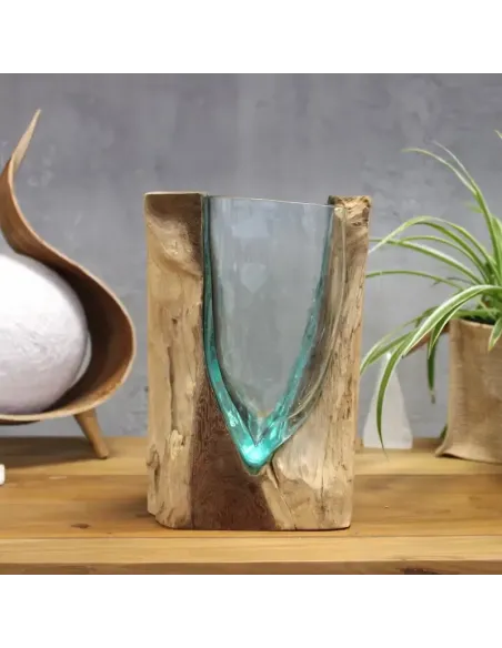 Comprar jarrón de vidrio fundido sobre madera natural en abonica, 04