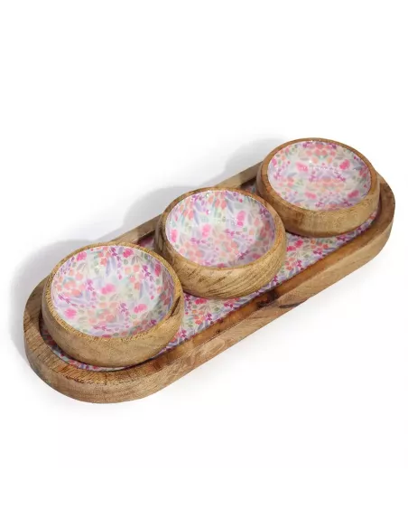 Bandeja de Madera de Mango con 3 Cuencos – Varias tonalidades - Diseño Sostenible Premium