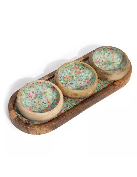 Bandeja de Madera de Mango con 3 Cuencos – Varias tonalidades - Diseño Sostenible Premium