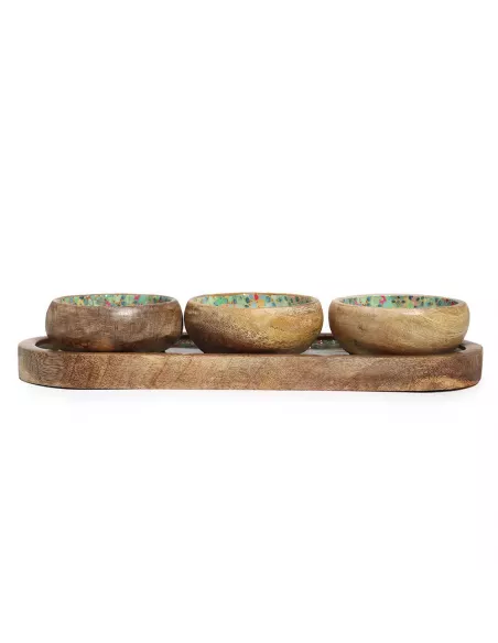 Bandeja de Madera de Mango con 3 Cuencos – Varias tonalidades - Diseño Sostenible Premium