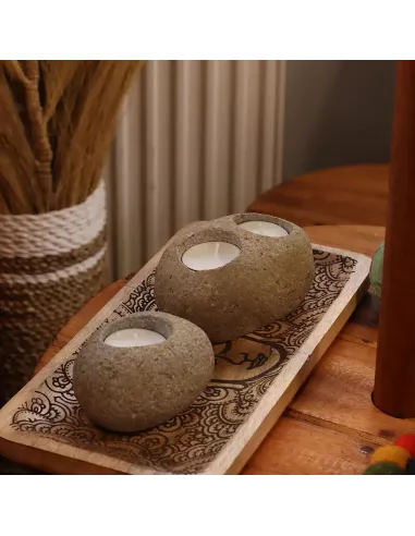 3x Porta Velas de Piedra de Río Natural Doble | Diseño Minimalista