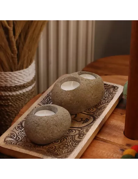 3x Porta Velas de Piedra de Río Natural Doble | Diseño Minimalista