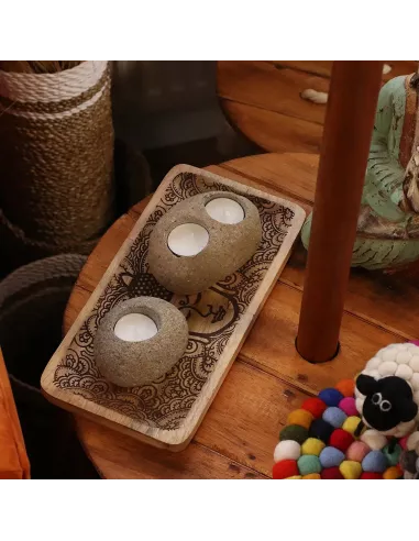 3x Porta Velas de Piedra de Río Natural Doble | Diseño Minimalista