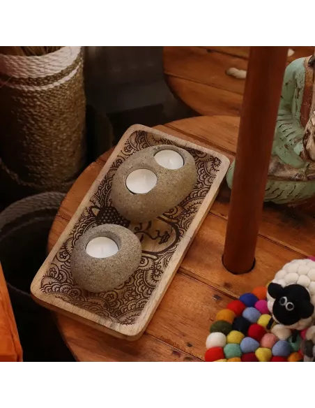 3x Porta Velas de Piedra de Río Natural Doble | Diseño Minimalista