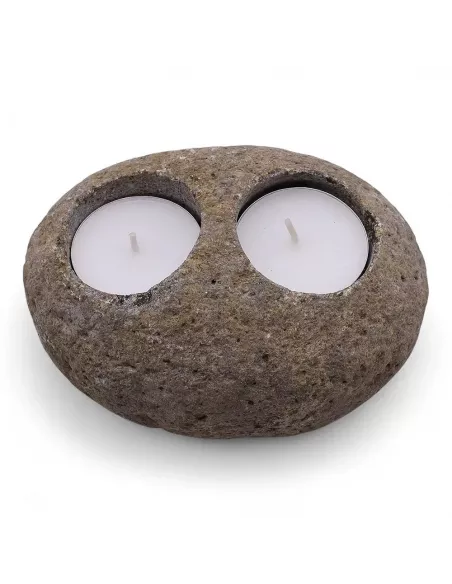 3x Porta Velas de Piedra de Río Natural Doble | Diseño Minimalista