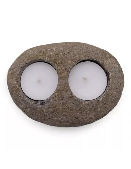 3x Porta Velas de Piedra de Río Natural Doble | Diseño Minimalista