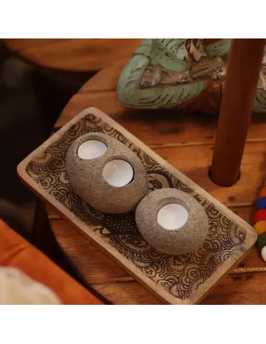 3x Porta Velas de Piedra de Río Natural Doble | Diseño Minimalista