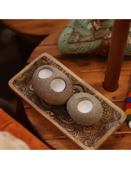 3x Porta Velas de Piedra de Río Natural Doble | Diseño Minimalista