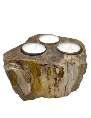 Portavelas de Madera Petrificada Triple | Decoración Natural y Elegante