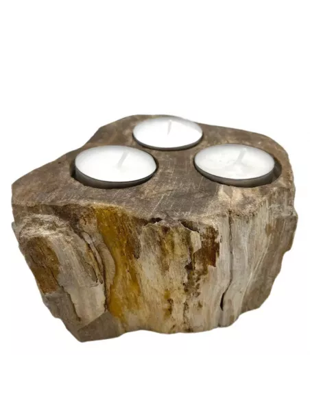 Portavelas de Madera Petrificada Triple | Decoración Natural y Elegante
