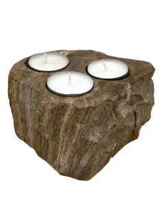 Portavelas de Madera Petrificada Triple | Decoración Natural y Elegante 2