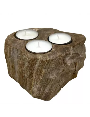 Portavelas de Madera Petrificada Triple | Decoración Natural y Elegante