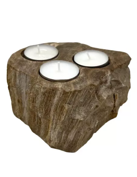Portavelas de Madera Petrificada Triple | Decoración Natural y Elegante