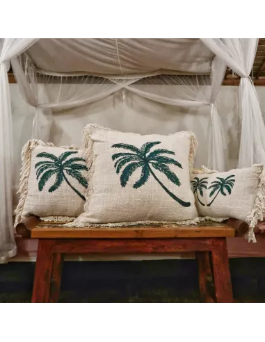 Funda de cojín de lino con palmera y flecos | Decoración sostenible