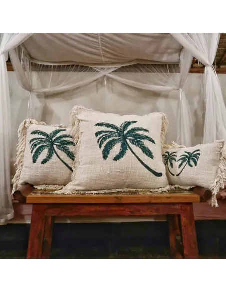 Funda de cojín de lino con palmera y flecos | Decoración sostenible