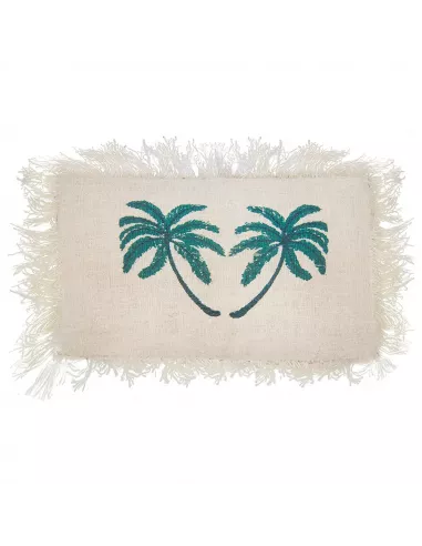 Funda de cojín de lino con palmera y flecos | Decoración sostenible