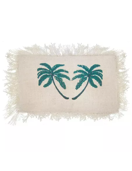 Funda de cojín de lino con palmera y flecos | Decoración sostenible