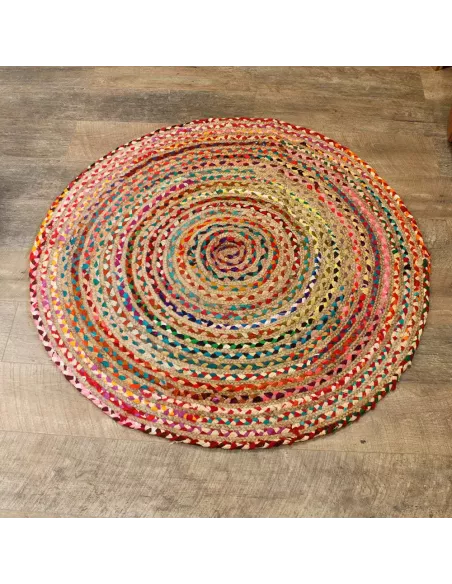 Alfombra redonda de yute y algodón reciclado multicolor | Sostenible