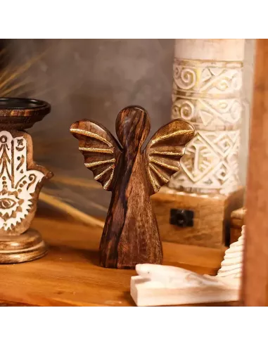 Ángel de Madera de Mango con Detalles Dorados | Escultura Decorativa en Varios Tamaños