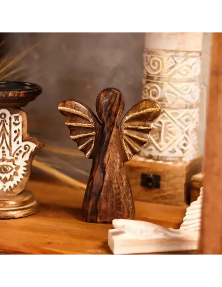 Ángel de Madera de Mango con Detalles Dorados | Escultura Decorativa en Varios Tamaños