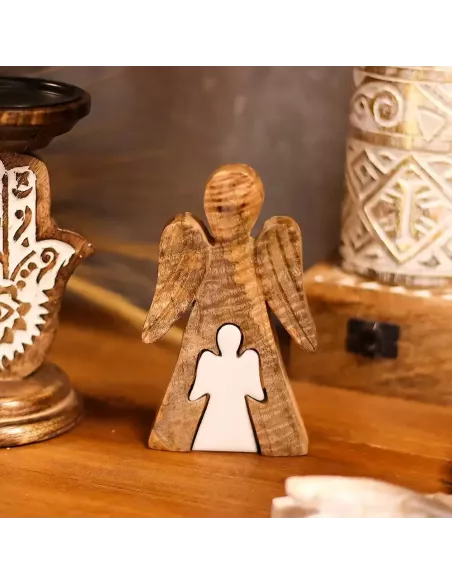 Ángel de Madera de Mango – Esmalte Blanco 15 cm – Decoración Elegante