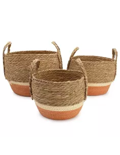 Cestas Grandes de Paja y Pasto Marino Natural y Naranja - Conjunto de 3
