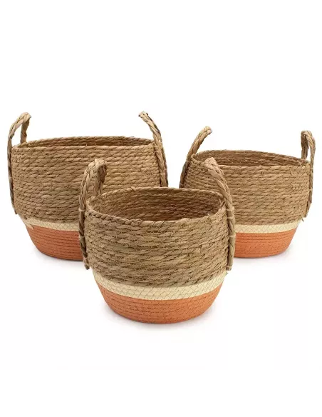 Cestas Grandes de Paja y Pasto Marino Natural y Naranja - Conjunto de 3