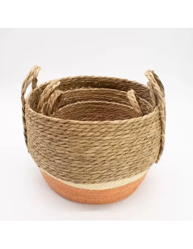 Cestas Grandes de Paja y Pasto Marino Natural y Naranja - Conjunto de 3