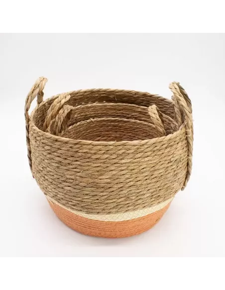 Cestas Grandes de Paja y Pasto Marino Natural y Naranja - Conjunto de 3