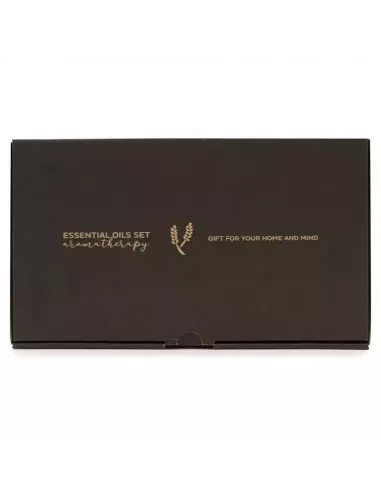 Set de aceites esenciales para aromaterapia, caja vista desde arriba