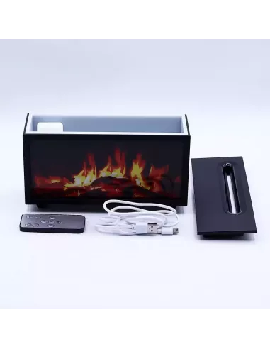 Difusor de efecto chimenea rectangular y sonido de aves - USB-C con cargador y detalles
