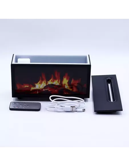 Difusor de efecto chimenea rectangular y sonido de aves - USB-C con cargador y detalles