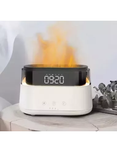 Difusor de aromas blanco y negro con reloj LED y efecto llama encendido