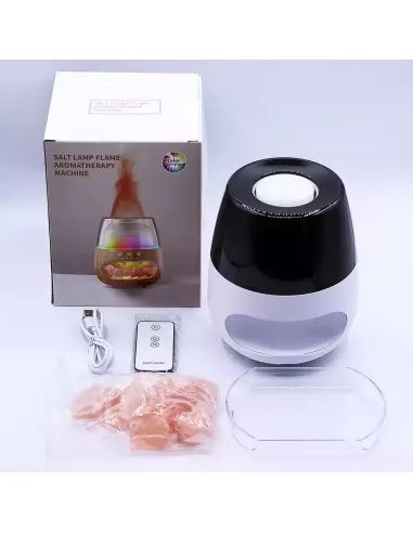 Difusor de aromas blanco y negro con sal del Himalaya, efecto llama y cambio de color con cargador y caja