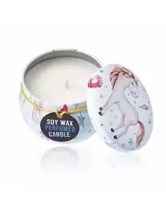 Vela en tarro de hojalata con dibujo de unicornio