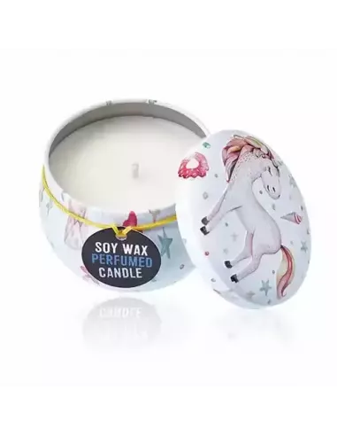 Vela en tarro de hojalata con dibujo de unicornio