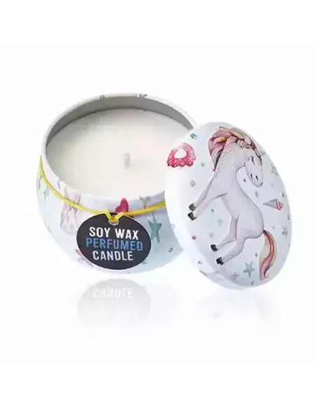 Vela en tarro de hojalata con dibujo de unicornio
